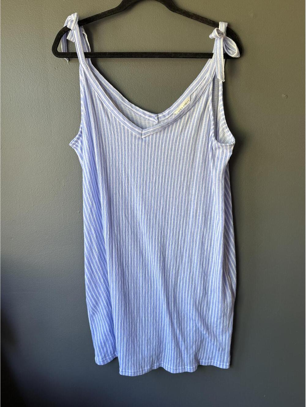 Laura Ashley Light Blue and White Striped Chemise with Tie Straps